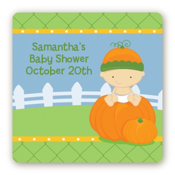 Pumpkin Baby Caucasian - Square Personalized Baby Shower Sticker Labels