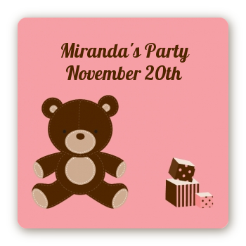 Teddy Bear Pink - Square Personalized Baby Shower Sticker Labels