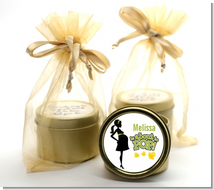 About To Pop Mommy Green - Baby Shower Gold Tin Candle Favors