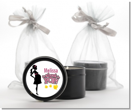About to Pop Mommy Pink - Baby Shower Black Candle Tin Favors