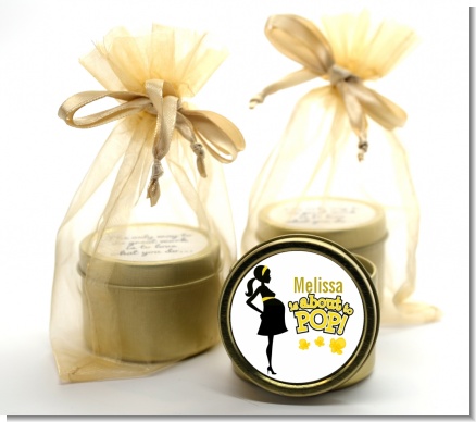 About to Pop Mommy Yellow - Baby Shower Gold Tin Candle Favors