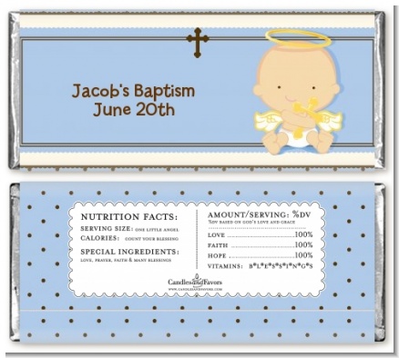 Angel Baby Boy Caucasian - Personalized Baptism / Christening Candy Bar Wrappers