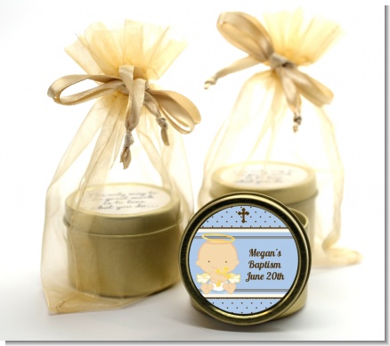 Angel Baby Boy Caucasian - Baptism / Christening Gold Tin Candle Favors