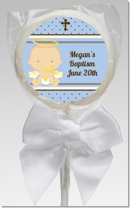 Angel Baby Boy Caucasian - Personalized Baptism / Christening Lollipop Favors