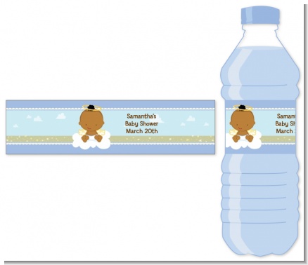 Angel in the Cloud Boy African American - Personalized Baby Shower Water Bottle Labels