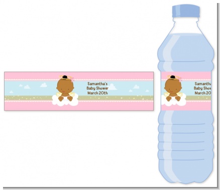 Angel in the Cloud Girl African American - Personalized Baby Shower Water Bottle Labels