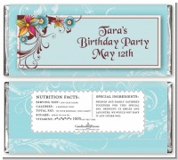 Aqua & Brown Floral - Personalized Birthday Party Candy Bar Wrappers