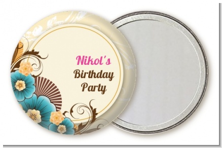 Aqua & Brown Floral - Personalized Birthday Party Pocket Mirror Favors