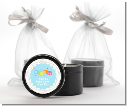 Baby Blocks Blue - Baby Shower Black Candle Tin Favors