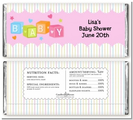 Baby Blocks Pink - Personalized Baby Shower Candy Bar Wrappers