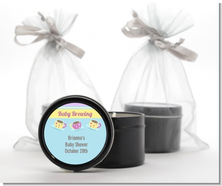 Baby Brewing Tea Party - Baby Shower Black Candle Tin Favors