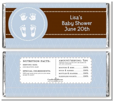 Baby Feet Pitter Patter Blue - Personalized Baby Shower Candy Bar Wrappers