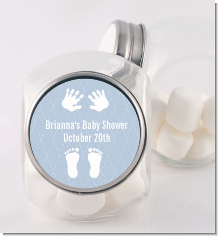 Baby Feet Pitter Patter Blue - Personalized Baby Shower Candy Jar