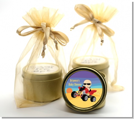 Baby On A Quad - Baby Shower Gold Tin Candle Favors