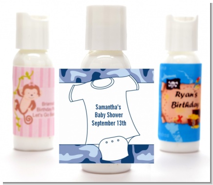 Baby Outfit Blue Camo - Personalized Baby Shower Lotion Favors
