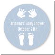 Baby Feet Pitter Patter Blue - Round Personalized Baby Shower Sticker Labels thumbnail