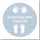 Baby Feet Pitter Patter Blue - Round Personalized Baby Shower Sticker Labels