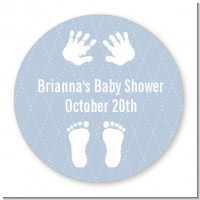 Baby Feet Pitter Patter Blue - Round Personalized Baby Shower Sticker Labels