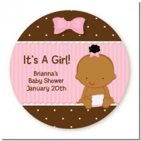 Baby Girl African American - Round Personalized Baby Shower Sticker Labels