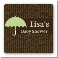 Baby Sprinkle Umbrella Green - Square Personalized Baby Shower Sticker Labels