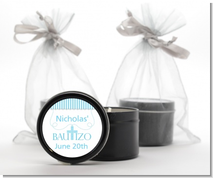 Bautizo Cross Blue - Baptism / Christening Black Candle Tin Favors
