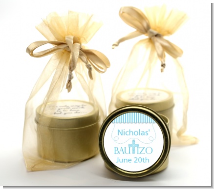 Bautizo Cross Blue - Baptism / Christening Gold Tin Candle Favors