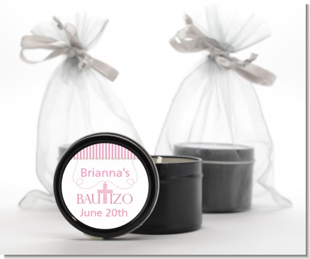 Bautizo Cross Pink - Baptism / Christening Black Candle Tin Favors