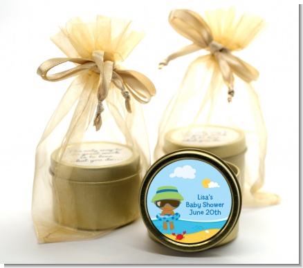 Beach Baby African American Boy - Baby Shower Gold Tin Candle Favors