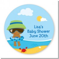 Beach Baby African American Boy - Round Personalized Baby Shower Sticker Labels