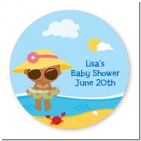 Beach Baby African American Girl - Round Personalized Baby Shower Sticker Labels
