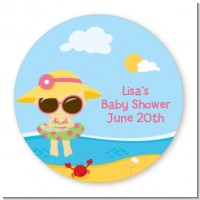 Beach Baby Girl - Round Personalized Baby Shower Sticker Labels