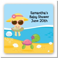 Beach Baby Asian Girl - Square Personalized Baby Shower Sticker Labels
