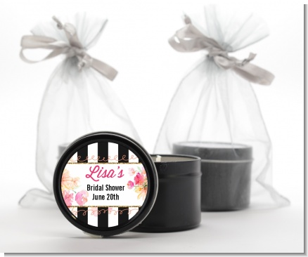 Black And White Stripe Floral Watercolor - Bridal Shower Black Candle Tin Favors