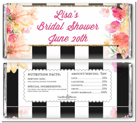 Black and White Stripe Floral Watercolor - Personalized Bridal Shower Candy Bar Wrappers