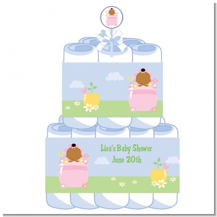 Blooming Baby Girl African American - Personalized Baby Shower Diaper Cake 2 Tier