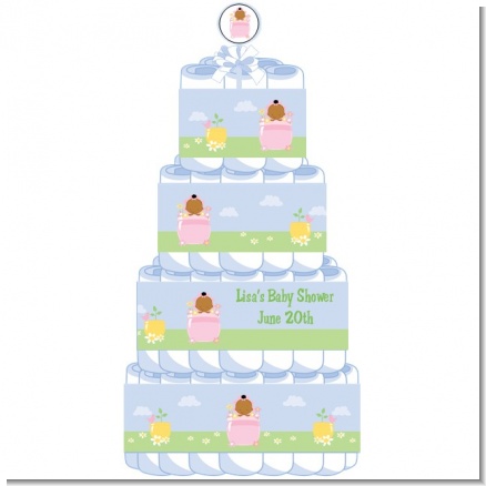 Blooming Baby Girl African American - Personalized Baby Shower Diaper Cake 4 Tier