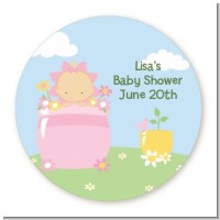 Blooming Baby Girl Caucasian - Round Personalized Baby Shower Sticker Labels