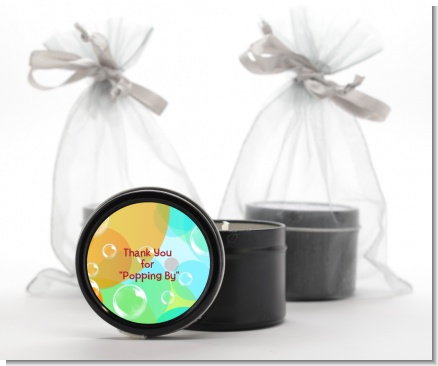 Blowing Bubbles - Birthday Party Black Candle Tin Favors