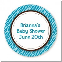Zebra Print Blue - Round Personalized Baby Shower Sticker Labels