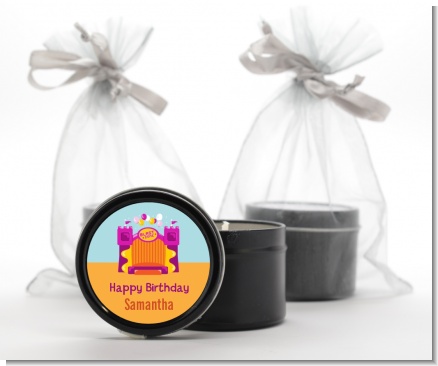 Bounce House Purple and Orange - Birthday Party Black Candle Tin Favors