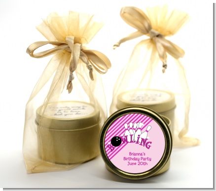 Bowling Girl - Birthday Party Gold Tin Candle Favors