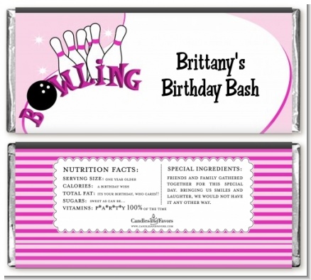 Bowling Girl - Personalized Birthday Party Candy Bar Wrappers