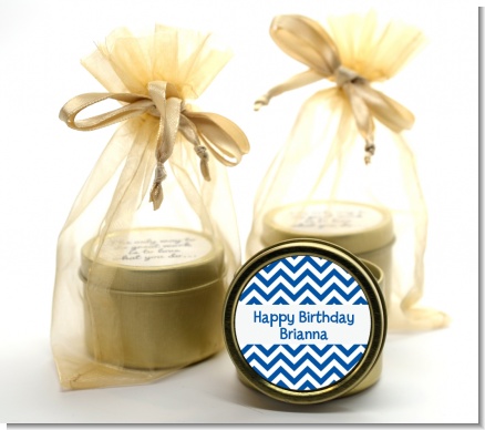 Chevron Blue - Birthday Party Gold Tin Candle Favors