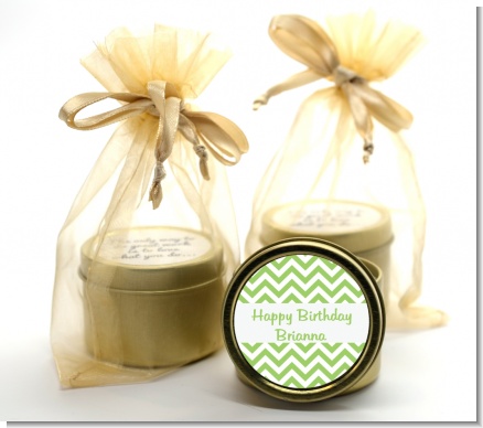 Chevron Sage Green - Birthday Party Gold Tin Candle Favors