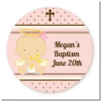 Angel Baby Girl Caucasian - Round Personalized Baptism / Christening Sticker Labels