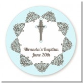 Cross Blue & Brown - Round Personalized Baptism / Christening Sticker Labels