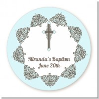 Cross Blue & Brown - Round Personalized Baptism / Christening Sticker Labels