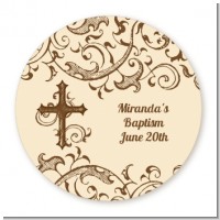 Cross Brown & Beige - Round Personalized Baptism / Christening Sticker Labels