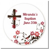 Cross Floral Blossom - Round Personalized Baptism / Christening Sticker Labels