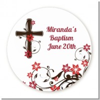 Cross Floral Blossom - Round Personalized Baptism / Christening Sticker Labels